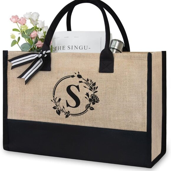 Personalized Initial Jute/Canvas Beach Bag, Monogrammed Gift Tote Bag for Women - Picture 1 of 6